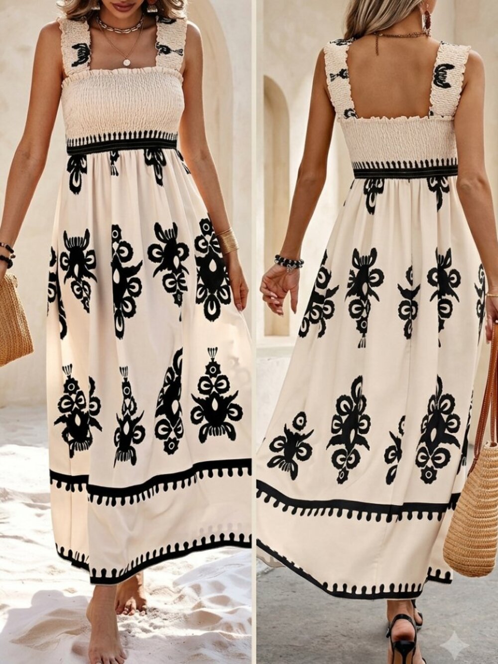 2/$45 NWT Boho Smocked Maxi Dress Cream Black Tribal Medallion Print M